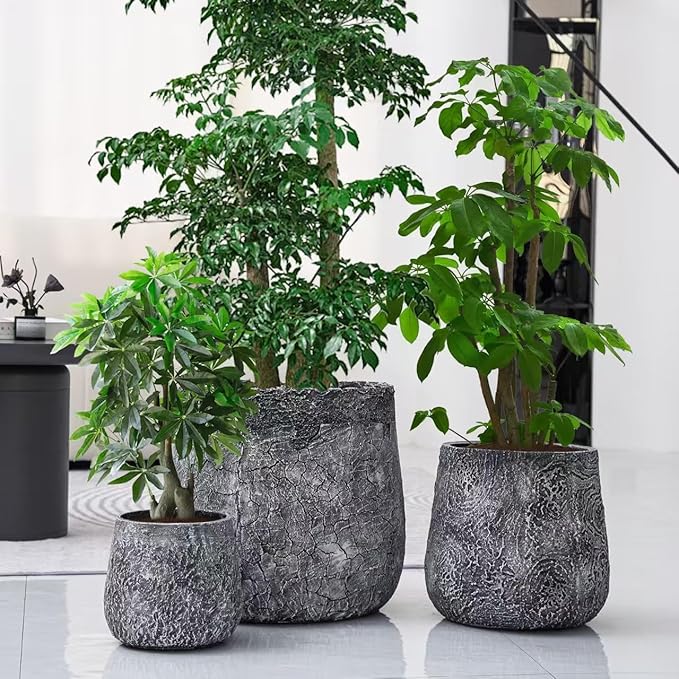 Craft flowerpots 18"+13"+9" Dia Round Concrete Planter Set of 3 Large Outdoor/Indoor Planter Pots Containers with Drainage Holes and Rubber Plug for Home Garden (Dark Gray, Large)
