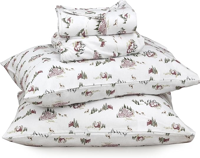 RUVANTI Flannel Sheets California King Size - 100% Cotton Brushed Cal King Bed Sheets Set - Deep Pockets 14 Inches - All Seasons Breathable & Extra Soft - Warm & Cozy, 4 Piece, Hilly Huts