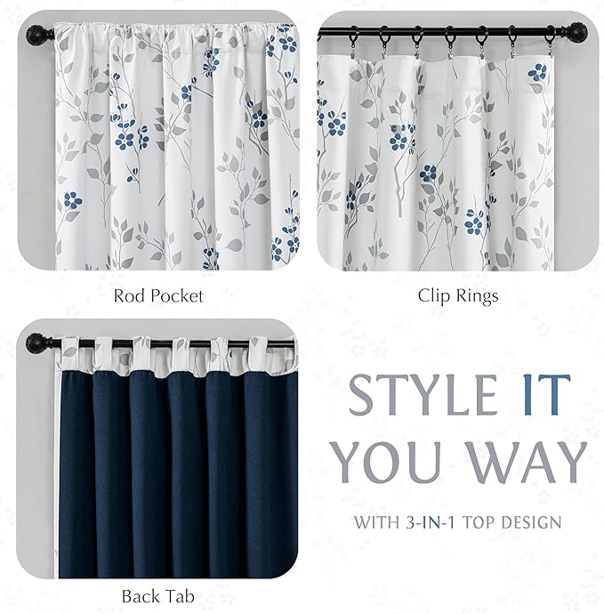 Beauoop Floral 100% Blackout Curtains 84 Inches Long 2 Panels for Bedroom Living Room Blue Grey and White Flower Patterned Room Darkening Thermal Soundproof Rod Pocket Back Tab Window Drapes, 52X84