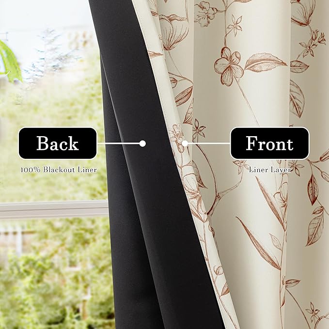 ChrisDowa Beige 100% Blackout Floral Curtains 72 Inches Long 2 Panels for Bedroom Living Room Brown Flower Patterned Room Darkening Thermal Insulated Soundproof Grommet Window Treatments Drapes,52X72