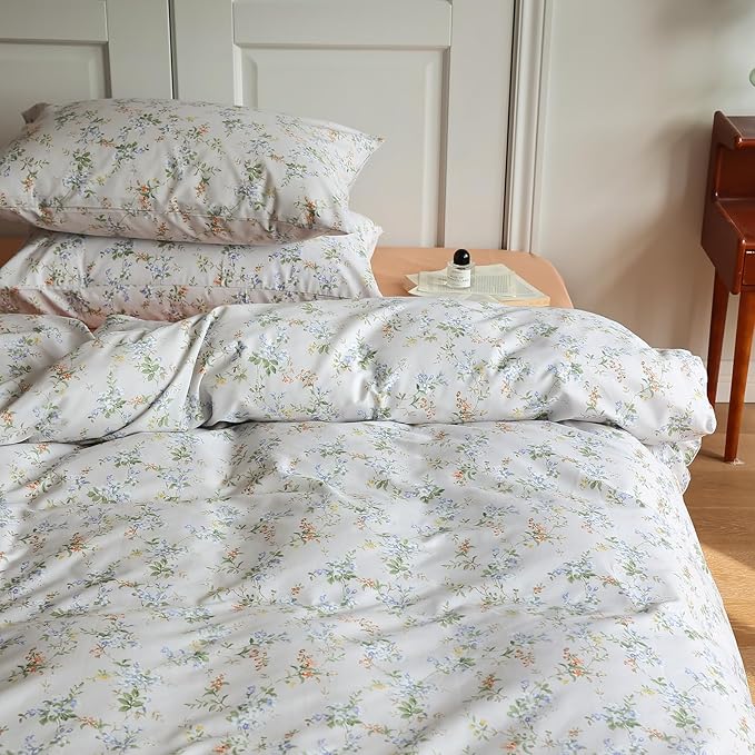 EAVD Vintage Style Garden Floral Duvet Cover Full Soft Cotton Chic Shabby Floral Pattern Bedding Set with 2 Pillowcases Fresh Botanical Comforter Cover with Zipper Closure