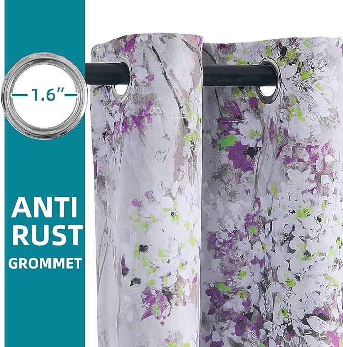 MYSKY HOME Purple Curtains 90 Inches Long 2 Panels Living Room Curtains Half-Blackout Flowers and Leaves Curtains Panels for Bedroom Printed Drapes with Grommet