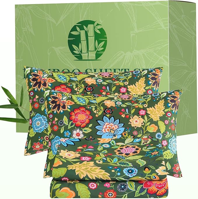 Bedlifes Twin Floral 3-Piece Sheet Set - Cooling Sheets Blend Rayon Derived from Bamboo,Soft & Breathable, Deep Pocket 16", Wrinkle Resistant - Vibrant Boho Floral Dark Green