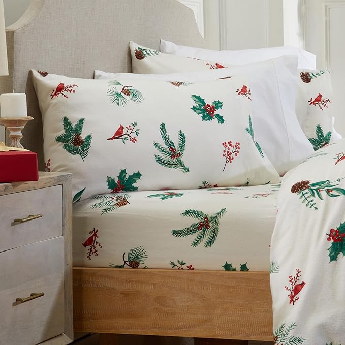 Market & Place 100% Cotton Queen Flannel Sheet Set | 4 Piece Deep Pocket Novelty Cozy Winter Bed Sheets | Double Brushed for Extra Softness & Comfort | Alpine Collection (Queen, Cardinal & Pine)