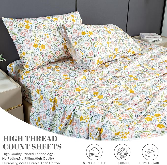 Bedlifes Full Sheet Set Ultra Soft, Breathable, Silky Flower Deep Pocket 100% Microfiber Bedding, 4 Piece Full Size Floral