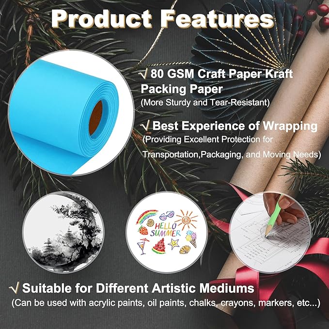 PATIKIL Wrapping Paper, 12"x400"(33') Bulletin Board Paper Roll Kraft Paper Roll Construction 80GSM for Shipping Packing Gift Wrapping Craft Flower Bouquet Christmas, Light Blue