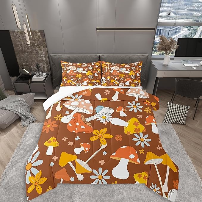 Castle Fairy 60s 70s Retro Hippie Bedding Comforters King Size,Groovy Flowers Mushroom Print Comforter Set for Children Xmas Gift,Boho Art Quilt Set Bedroom Decor, 2 Pillowcases