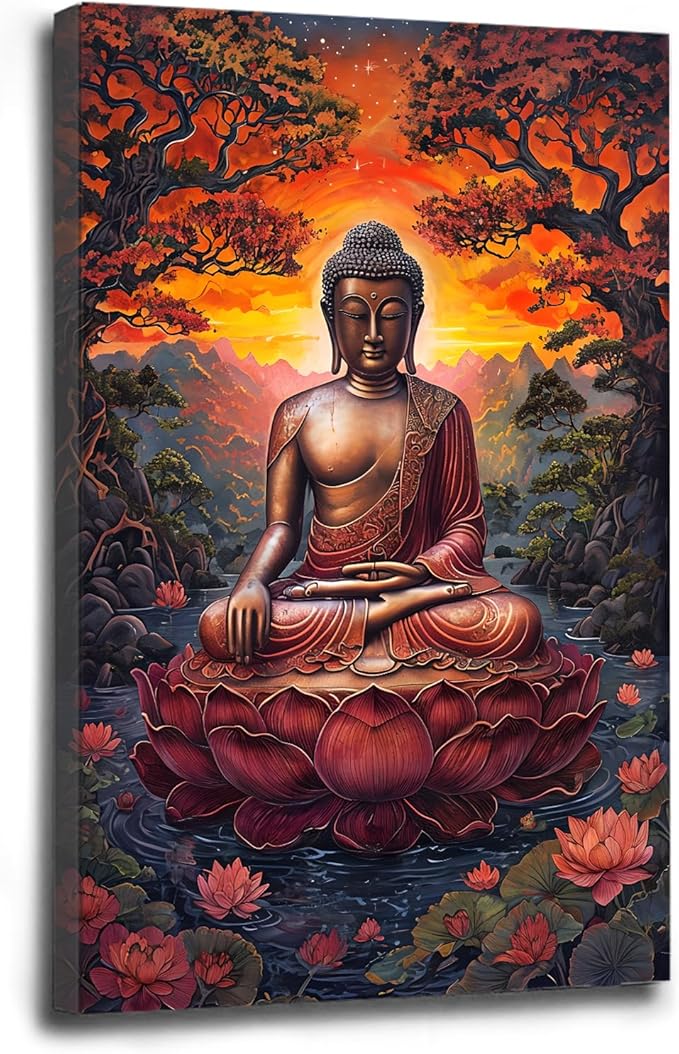 Golden Buddha on lotus seat serene meditation statue amidst lush trees flowing water and sunrise light spiritual home art for a tranquil decor 28x40in Wood Framed