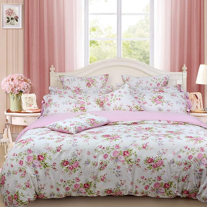 FADFAY Rose Floral Duvet Cover Set Pink Grid Cotton Girls Bedding with Hidden Zipper Closure 3 Pieces, 1duvet Cover & 2pillowcases,Queen Size