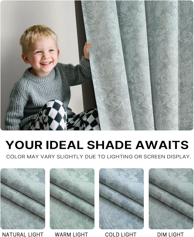 Chenille Floral Blackout Curtains 96 Inch Length 2 Panels Set - Bedroom Living Room Darkening Thermal Insulated Black Out Window Treatments Grommet Jacquard Drapes 52 Inch Wide Blue
