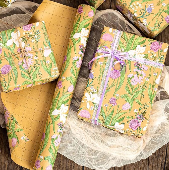 MAYPLUSS Kraft Floral Wrapping Paper Roll - 17Inch x 16.5Feet - Colorful Watercolor Boho Forest and Garden Flower Gift Wrap Green Wedding Gift Wrap for Birthday, Mothers Day, Bridal Shower, Engagement