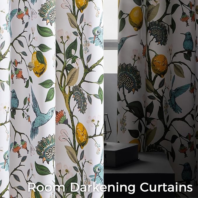 Curtains for Bedroom,Blue and White Hummingbird Floral Patterned Curtains 96 Inch Length for Living Room，Vintage Luxury Whimsical Floral Lemon Leaf Pinch Pleated Drapes，2 Panels
