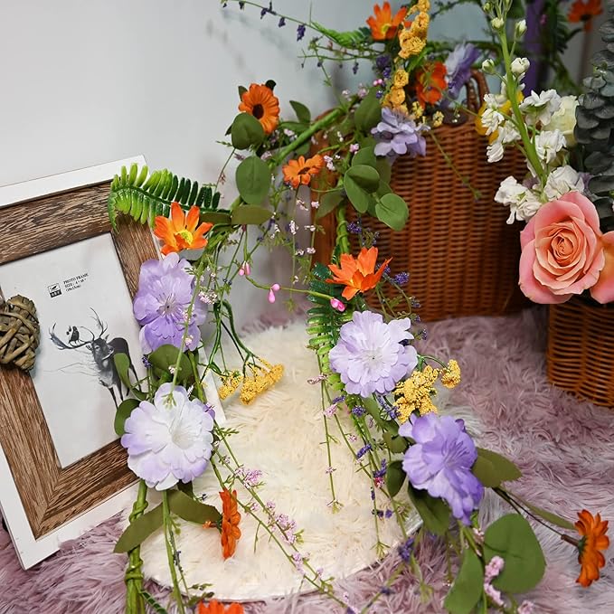 2PCS Artificial Daisy Garland, 6FT Faux Flower Hanging Vine, Purple Flowers Ivy, Spring Garland with Eucalyptus Boston Fern Vine for Sign Board Party Home Decor
