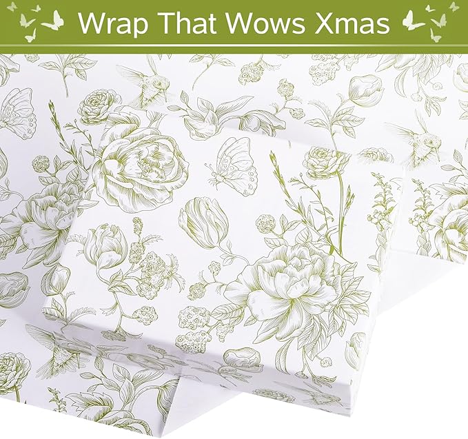 RayofSun Green Floral Wrapping Paper Roll 17 in x 16.5 ft Mini Roll Vintage Toile Flower Gift Wrap Paper for All Occasion Wedding Birthday Bridal Shower Party Baby Shower Christmas