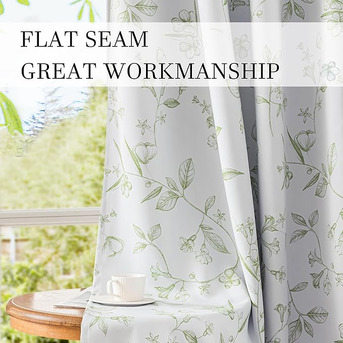 ChrisDowa 100% Blackout Floral Curtains 96 Inches Long 2 Panels for Bedroom Living Room Sage Green Flower Patterned Room Darkening Thermal Insulated Soundproof Grommet Window Treatments Drapes,52X96