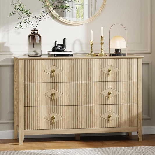 GarveeHome Fluted Dresser for Bedroom, 47.2 Inch Wide 6-Drawer Wood Dresser, Modern Chest of Drawers, Storage Organizer Cabinet for Living Room, Hallway, Entryway, Natural Oak