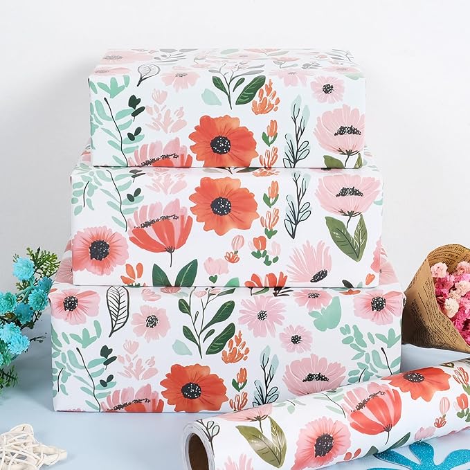 RayofSun Pink Floral Wrapping Paper Roll 17 in x 16.5 ft Mini Roll All Occasion Wildflower Flower Green leaves Gift Wrap Paper for Wedding Birthday Bridal Shower Party Wrapping Supplies