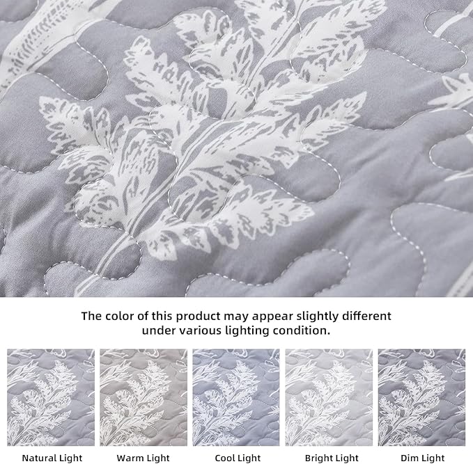 Janzaa Twin Boho Quilt Set - Grey Floral Pattern Microfiber Quilt & Pillowcase, 66x90 inches