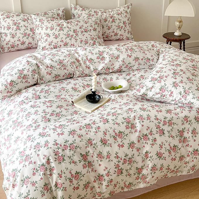 VM VOUGEMARKET Peach Pink Flower Duvet Cover Set Twin Cotton Girl's Blossom Comfoter Cover with Zipper Closure,Cottagecore Bedding Set-68"x86"