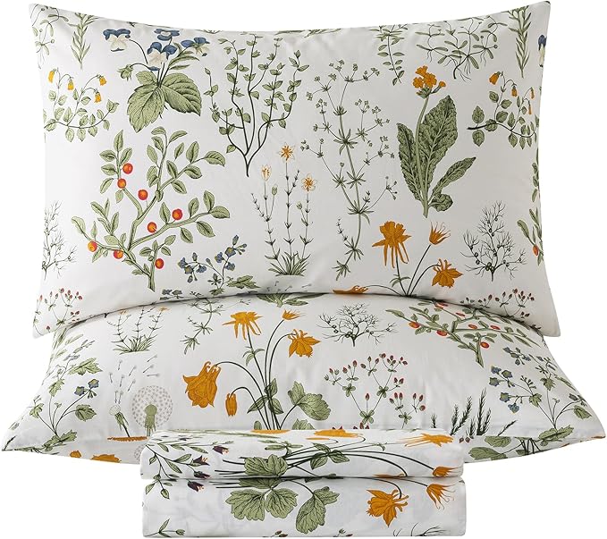 Zusbest Full Size Sheets 100% Percale Cotton Green Floral Bed Sheet Set Yellow Flower & Green Leaves Botanical Pattern Printed on White Garden Luxury Crisp Soft Deep Pocket Fitted Sheet 17.5'' 4Pcs