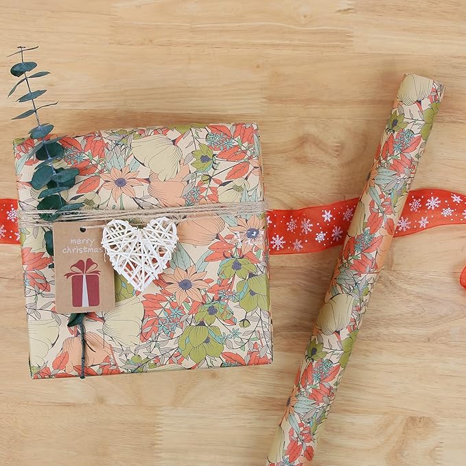 Aimyoo Kraft Floral Wrapping Paper Bundle, Vintage Spring Flowers Rose Gift Wrap Paper for Wedding Bridal Shower Birthday, 3 Rolls 17 in x 12 ft per Roll
