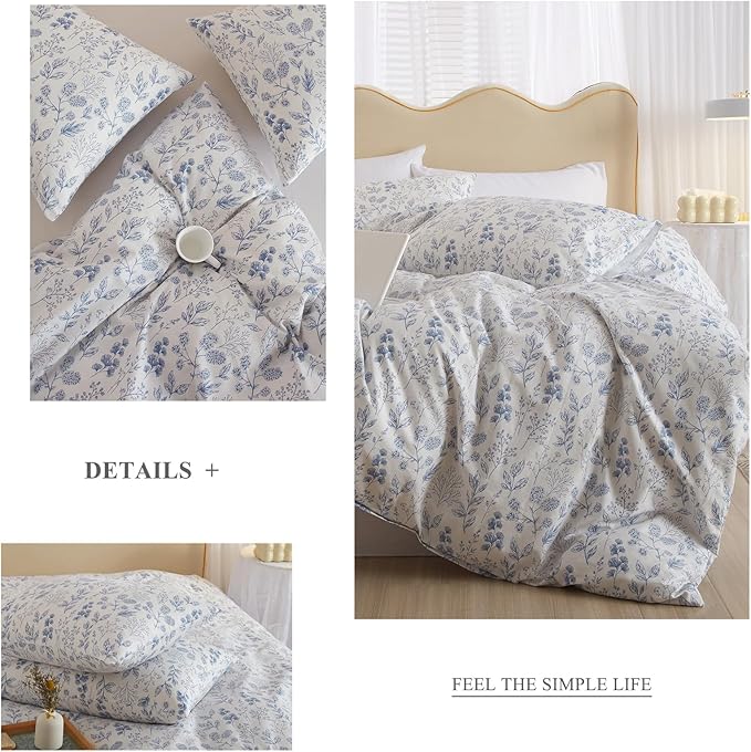 3 Pieces Duvet Cover Queen Size White Bedding Duvet Cover with Blue Floral Print,Soft Cotton Coquette Bedding Comforter Cover Boho Style,Aesthetic Queen Bedding Set with Zipper Closure 4 Ties