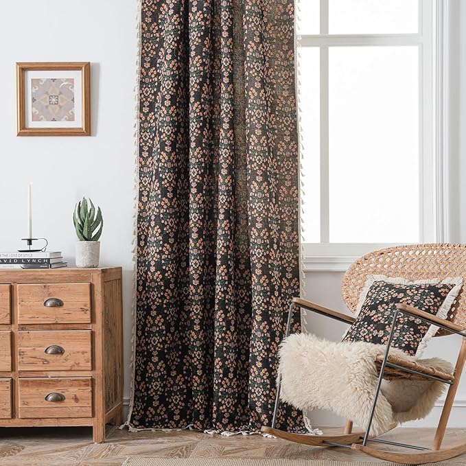 ENJOYBRIDAL Floral Curtains 84 Inch Length 2 Panels Boho Jacquard Drapes Black Cottagecore Living Room Semi Sheer Window Curtain Panels Farmhouse Bedroom Chic Decor Rod Pocket Tassel Window Treatments