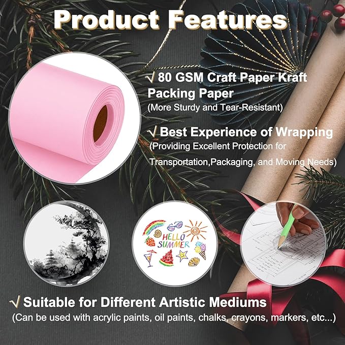 PATIKIL Wrapping Paper, 12"x315"(26') Bulletin Board Paper Roll Kraft Paper Roll Construction 80GSM for Shipping Packing Gift Wrapping Craft Flower Bouquet Christmas, Pink