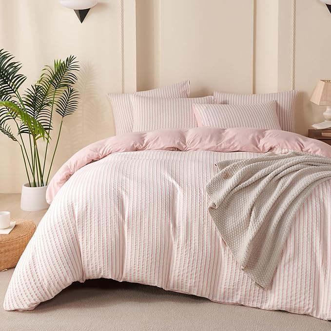 Striped Duvet Cover Set Queen Pink Washed Microfiber Jacquard 3 Pieces Bedding Set, White Pink Vertical Ticking Stripes Pattern Comforter Cover with Zipper Closure Breathable Durable Soft Comfy