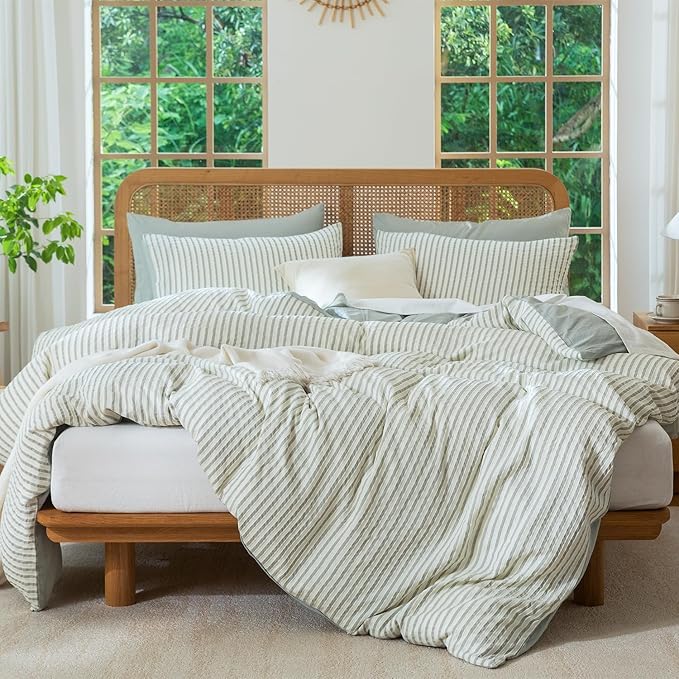 Striped Duvet Cover Queen Washed Microfiber Jacquard 3 Pieces Bedding Set, White Grayish Green Vertical Ticking Stripes Pattern Comforter Cover with Zipper Closure Breathable Durable Soft Comfy