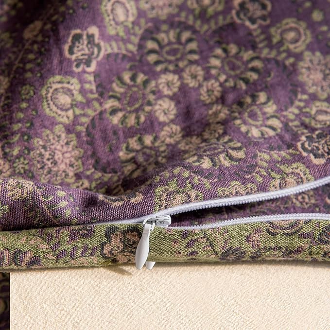 EAVD Soft 100% Cotton Muslin Yarn-Dyed Jacquard Textured Duvet Cover Full Chic Shabby Purple Floral Duvet Cover with Zipper Closure Linen Like Gauze Floral Bedding Set with 2 Pillowcases