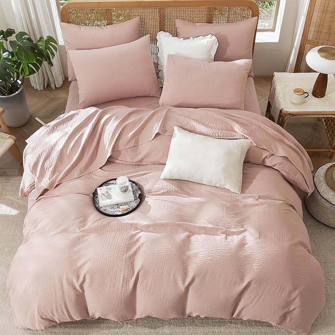 Duvet Cover Queen Dusty Rose, Luxury Soft Double-Layer Crinkle Gauze Rose Pink Duvet Cover, 3 Pieces Bedding for All-Season, Breathable with Zipper Closure & Corner Ties