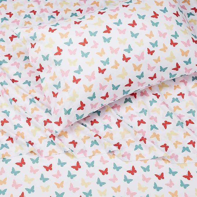 Amazon Basics Kid's Butterfly Friends Soft Easy-Wash Microfiber 3-Piece Sheet Set, Twin, Multi-Color Butterflies, Printed