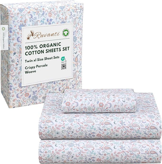 RUVANTI 100% Organic Cotton Sheets Twin XL, Percale Weave, GOTS Certified, 3-Piece Set, Deep Pocket 15", Crisp & Breathable, Soft Durable Bedding, Sábanas Algodón Orgánico – Multi Paisley