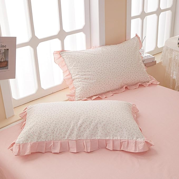 EAVD Pink Floral Duvet Cover Twin Soft 100% Cotton Chic Romantic Ruffled Floral Bedding Set with 2 Pillowcases Vintage Style Botanical Floral Comforter Cover with Zipper Closure