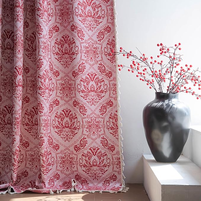 ENJOYBRIDAL Red Damask Curtains 63 Inches Living Room Bedroom Drapes 2 Panel Sets Vintage Semi Sheer Short Window Curtain Panels Dining Room Rod Pocket Jacquard Medallion Patterned Window Treatments