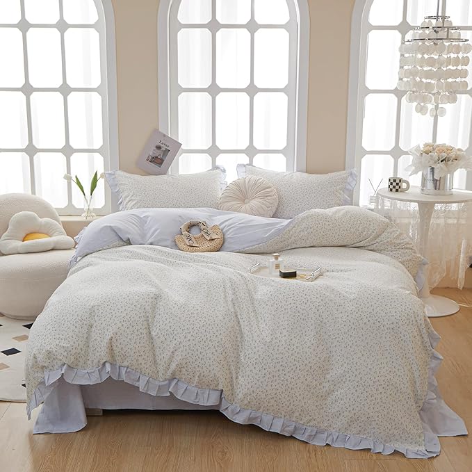 Floral Duvet Cover Queen Size Cute Blue Flower Bedding Cozy Duvet Cover Romantic Ruffle Comforter Cover Cotton Striped Girls Lace Princess Bedding Aesthetic Floral Comforter Cover with 2 Pillowcases