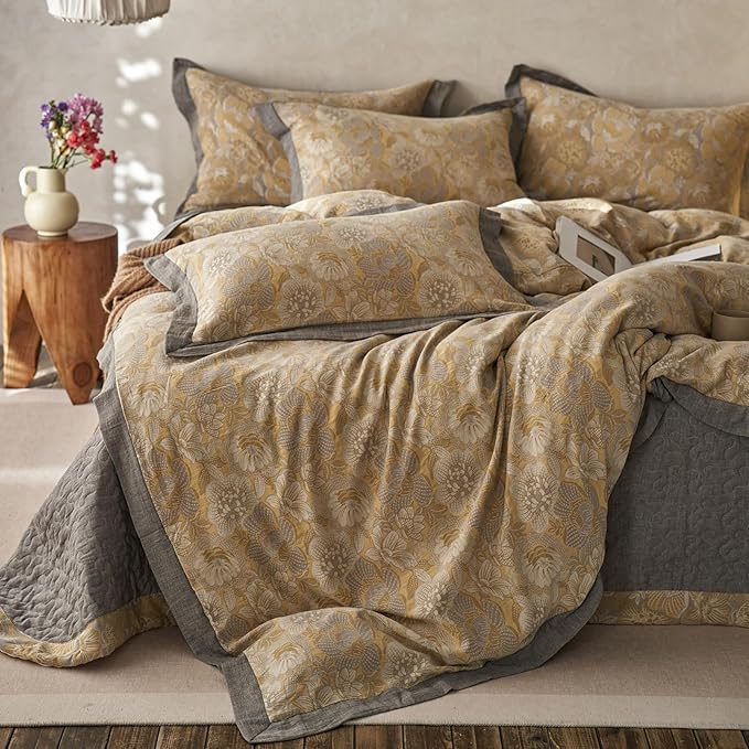 EAVD Vintage Style Yellow Floral Duvet Cover Full Soft 100% Muslin Cotton Yarn-Dyed Jacquard Textured Bedding Set with 2 Pillowcases Linen Like Gauze Botanical Duvet Cover with Zipper Closure