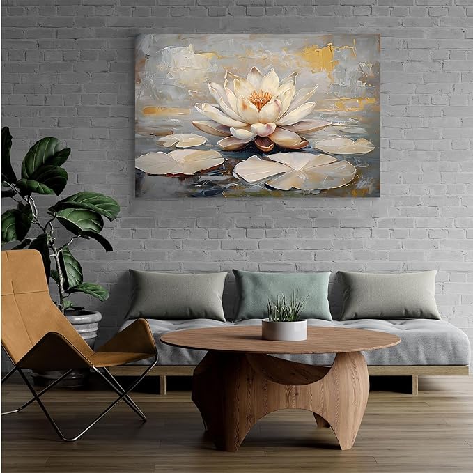 Ethereal white lotus floating on Crystal Waters poster vintage oil painting printwall art soft blush and gold accents serene home and office decor dreamy 8x12in Frameless