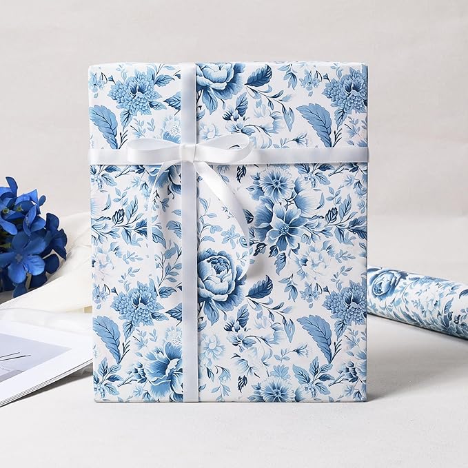 BIOBROWN Floral Wrapping Paper Jumbo Roll - 17 Inch X 33 Feet (82.5 sq. ft. ttl.) Blue White Peony Design Chinoiserie Gift Wrap Stone Paper for Christmas, Wedding, Bridal Shower, Mother's Day