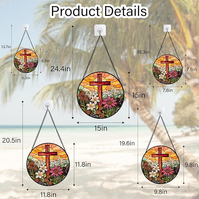 Christian Gifts for Women - Cross Stained Glass Window Hanging Easter Flower Sunset Landscape Sun Catcher Garden Religion Decor Mother's Day Catholic Gift for Men Grandma Mom Her Nana 9.8"