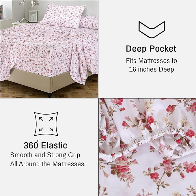RUVANTI 100% Cotton Twin XL Sheet Sets, 3 Pieces, Soft & Breathable Percale Weave Bedding, Deep Pocket 16", Hotel Standard, Crisp Cool Feel, Durable, Perfect Size Floral Sheets, Bouquet