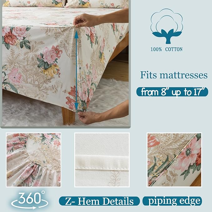 Zusbest King Floral Bed Sheets, Soft 100% Cotton Pink & Cream Sheets Set, Shabby Vintage Chic Peony Flower Printed Paisley Bed Set, Breathable Luxury Bedding 4 Piece Deep Pocket 17.5‘’