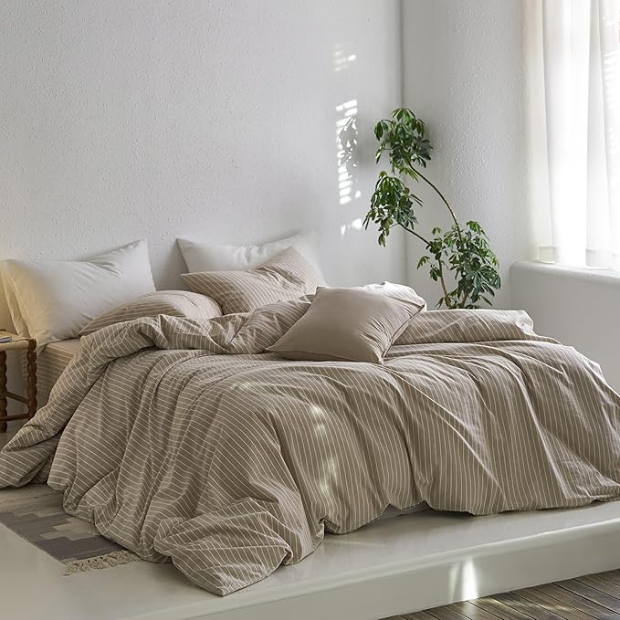 MooMee Striped Duvet Cover Set 100% Washed Cotton Linen Like Textured Breathable Durable Soft Comfy (Tannish Linen Grey White Wide Stripes, Super King 108"x98")