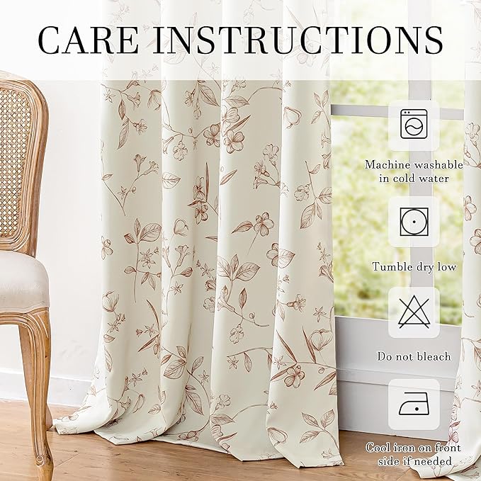 ChrisDowa Beige 100% Blackout Floral Curtains 63 Inches Long 2 Panels for Bedroom Living Room Brown Flower Patterned Room Darkening Thermal Insulated Soundproof Grommet Window Treatments Drapes,52X63