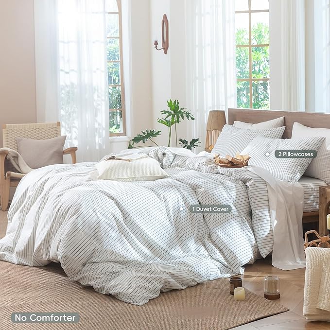 MooMee Striped Duvet Cover Set 100% Washed Cotton Linen Like Textured Breathable Durable Soft Comfy (White Heathered Green Wide Stripes, Cal King 104"x98")