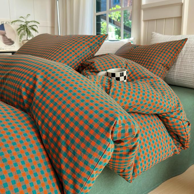 LifeTB Gingham Comforter Set King Modern Style Plaid Checkered Pattern Comforter Soft Fluffy Gingham Bedding Set Lightweight Orange Green Grid Bedding Comforter Fluffy Checkered Comforter Set