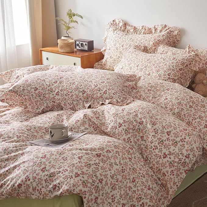 HighBuy Pink Floral Ruffle Comforter Set Twin XL Size Country Style Bedding Comforter Set Twin XL Smooth Soft for Teen Girls 3 Piece Boho Comforters with 2 Pillowcases,Easy Care
