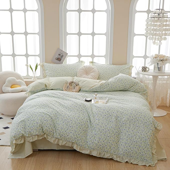LifeTB Green Floral Comforter Set Twin XL Romantic Ruffled Comforter Blue Flower Bedding Comforter Set Soft Microfiber Floral Bedding Set Lightweight Fluffy Vintage Botanical Comforter for All-Season