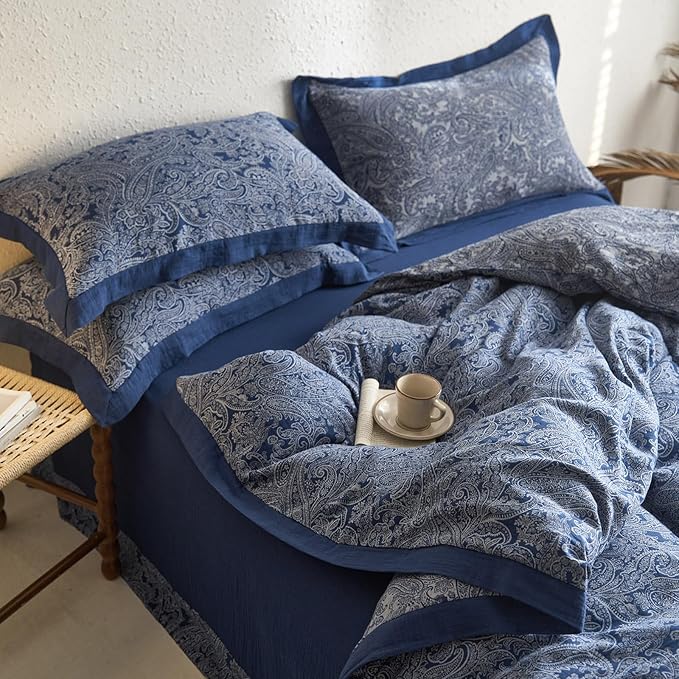 Navy Blue Paisley Floral Duvet Cover Queen Premium Yarn-Dyed Cotton Linen Duvet Cover Elegant Jacquard Boho Bedding Set Queen Vintage Paisley Flower Duvet Cover Cozy Breathable Floral Bedding Set